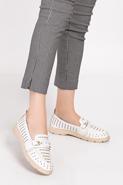 MERVE BAŞ Women's Summer White Laser Cut Buckle Casual Foot