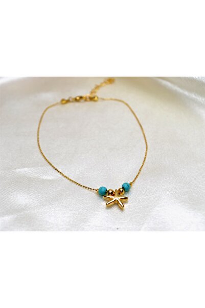 Y&M PERLA ACCESSORİES Mavi Boncuklu Altın Kaplama Deniz Yıldızı Halhal