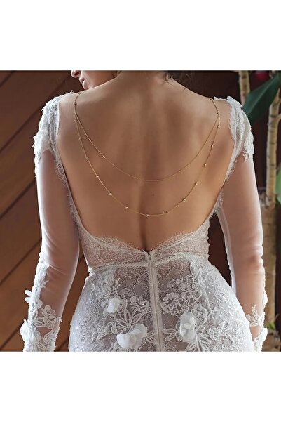 TakıConcept Inci Detaylı Top Zincirli Gold Renk Sırt Kolyesi Vücut Aksesuarı