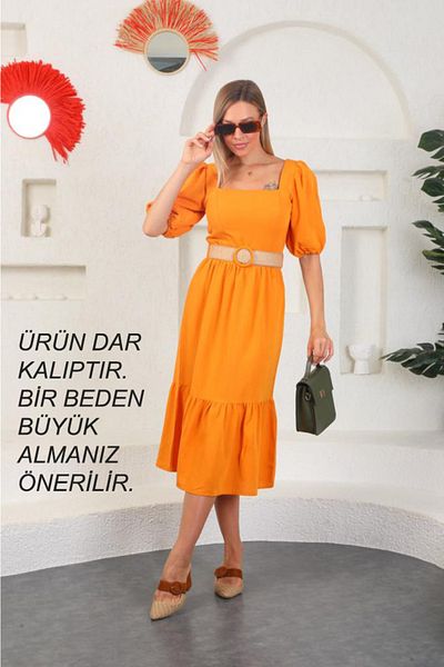 asur boutique Rochie pentru femei Asur Boutique de in, cu curea, guler pătrat, slim fit Cumpărați o mărime mai mare