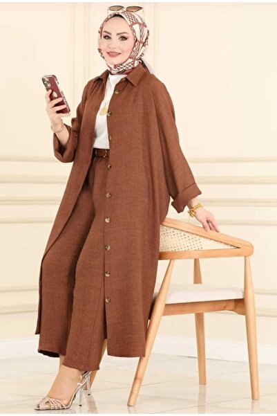 MODAMÜNASİP Υπέροχο βασικό σετ με μπροστινά κουμπιά σε λινό ύφος