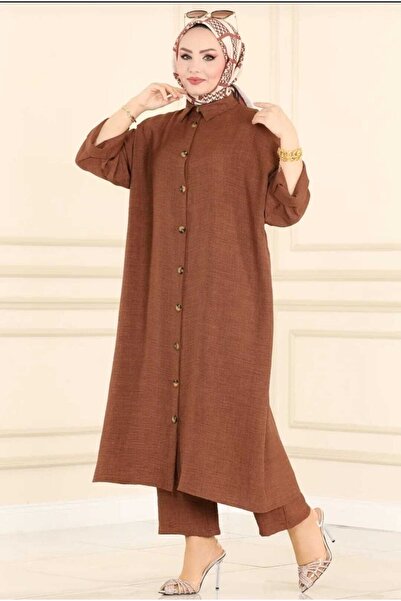 MODAMÜNASİP Υπέροχο βασικό σετ με μπροστινά κουμπιά σε λινό ύφος