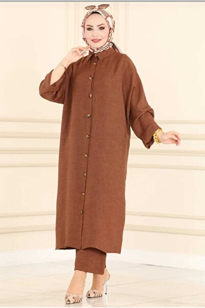 MODAMÜNASİP Υπέροχο βασικό σετ με μπροστινά κουμπιά σε λινό ύφος