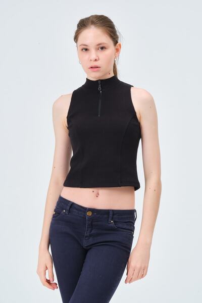 Asena Mila Zippered Collar Camisole Fitted/Body Fitted Black Crop