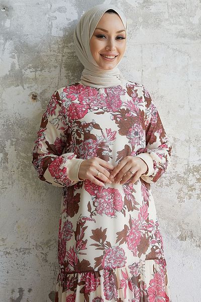 InStyle Revina Chiffonkleid mit Blumenmuster und Rüschen – Ecru
