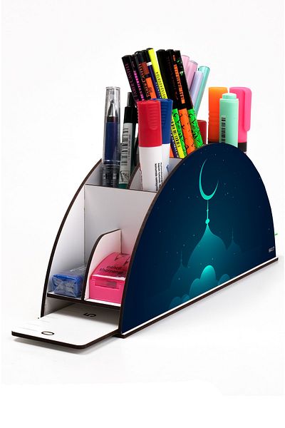 kutuTR Wooden Vip Islamic Rainbow Ruled Desktop Pen Holder Organizer Assembled Boxed