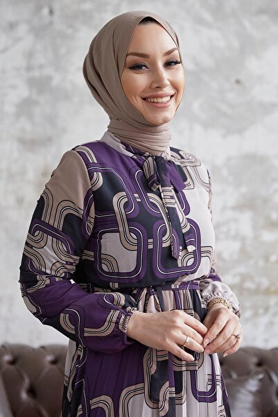 InStyle Danny Pattern Belted Chiffon Dress - Purple