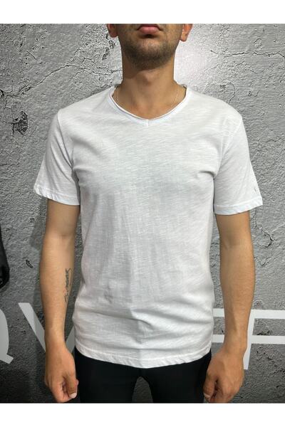 Qwerty Men's Fat T-shirt V-Neck Dirty Collar Wy25400 - White