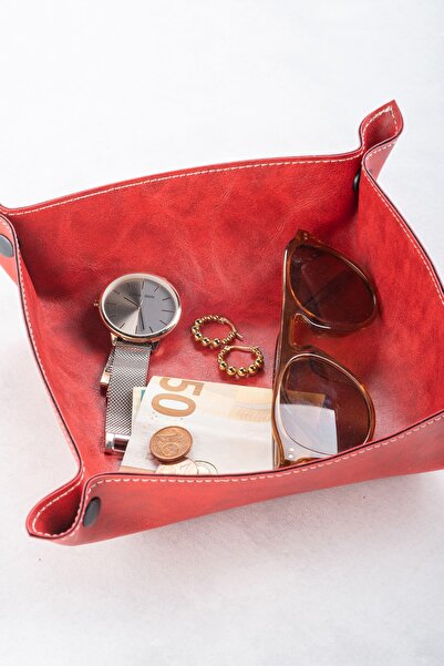 DK LEATHER Pu Leather 24 * 24 Red Nightstand, Desk Organizer, Πορτοφόλι με κλ...