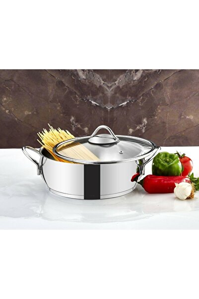 Evimsaray Şevval Paslanmaz Çelik Cam Kapaklı 24 Cm Güveç Basık Tencere