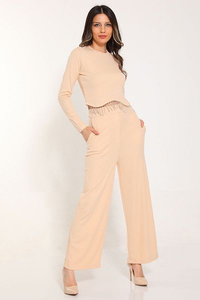 GÜLSELİ Beige Women's Stone Detailed Blouse Trousers Double Set