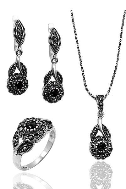 Midyat Nurtaş Gümüş Oniks Taşlı Çiçek Model Markazit Gümüş Takı Seti 201022237