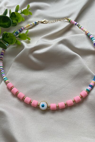 Tahtakaledeyim عقد نسائي مختلط من فيمو واللينو الوردي مزين بتفاصيل عين الشر