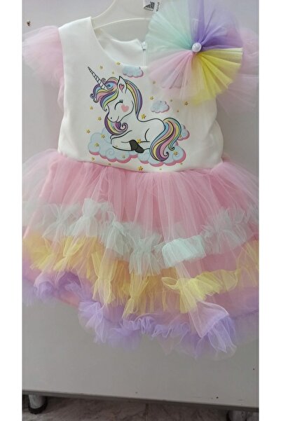 lumia Ünicorn Baskılı Tokalı Gökkuşağı Renkli Tütü Etekli Elbise