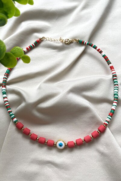 Tahtakaledeyim قلادة نسائية من فيمو ولينو باللون الأحمر المختلط مع تفاصيل عين...