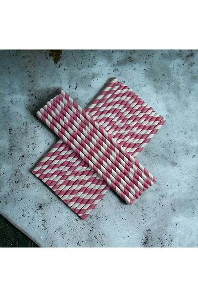 Krm Ambalaj 6*20 cm Pink and White Striped Paper Straws, 25 Pieces