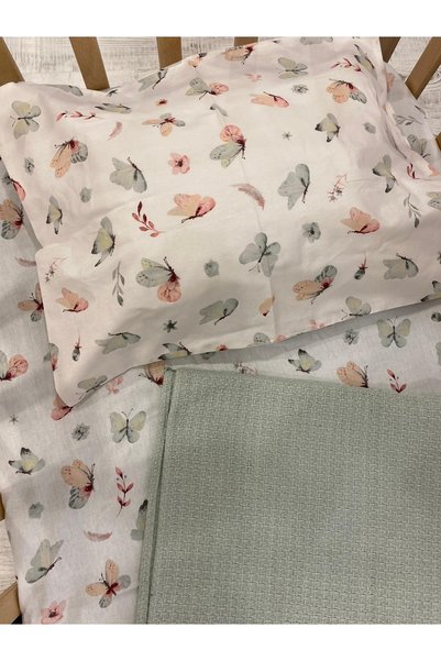 HEYBELİ ORGANİK 100% Cotton Fabric Baby/Child Elastic Sheet Set // Pillow Case+Elastic Sheet+Pom-Pom Pike