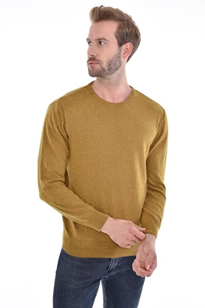 Çizgi Triko Ανδρικό πουλόβερ με λαιμόκοψη Angora Rabbit Wool Camel με κανονική εφαρμογή