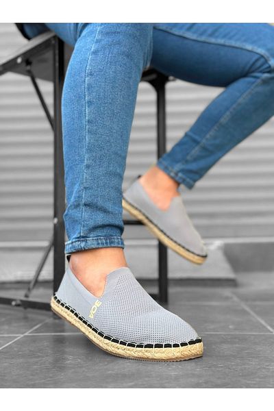 BOUIS Men's Gray Handmade Straw Sole Flat Comfortable Knitted Knitwear Sports Casual Espadrille Shoes Sneaker