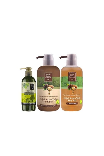 Eyüp Sabri Tuncer 600 ml Shower Gel and 250 ml Natural Argan Shampoo and Lotion Set with Olive Oil