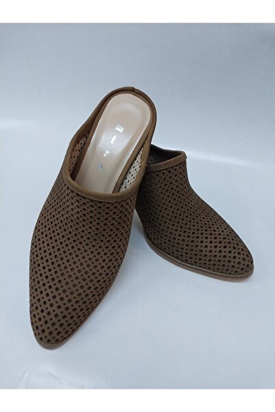 Mira Deri Genuine Suede Thick Heel Studded Women's Slippers