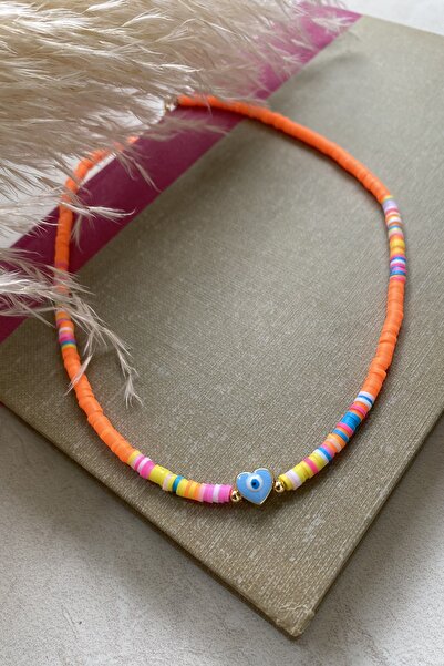 Tahtakaledeyim Women's Orange Mixed Fimo Beaded Heart Evil Eye Detailed Necklace