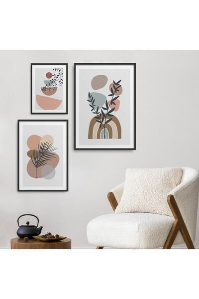 HOMEPACK 3'lü Set Doğal Ahşap Lamine Çerçeveli Yaprak Boho Stili Geometrik De...