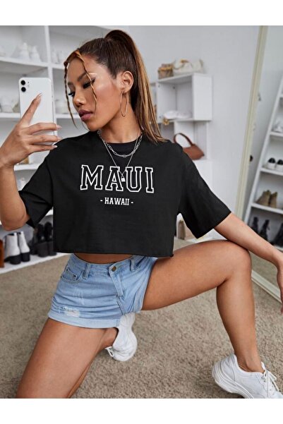 SELENA BUTİK Top negru cu imprimeu Maui, supradimensionat