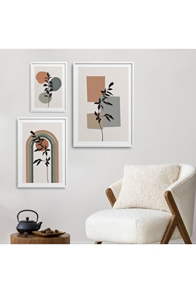 HOMEPACK 3'lü Set Doğal Ahşap Lamine Çerçeveli Yaprak Boho Stili Geometrik De...