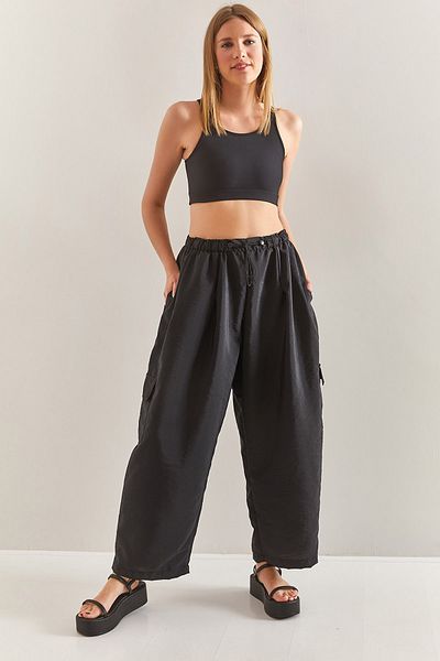Bianco Lucci Women's Elastic Waist Cargo Pocket Oversize Parachute Fabric Trousers