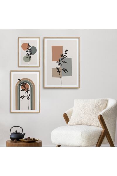 HOMEPACK 3'lü Set Doğal Ahşap Lamine Çerçeveli Yaprak Boho Stili Geometrik De...