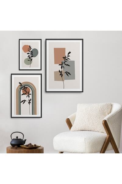 HOMEPACK 3'lü Set Doğal Ahşap Lamine Çerçeveli Yaprak Boho Stili Geometrik De...