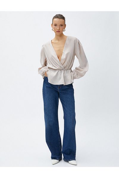 Koton Gathered Waist Blouse V Neck Balloon Sleeve