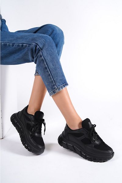 Weynes Pantofi sport casual pentru femei, cu șireturi, negri, simpli, Wsb0474
