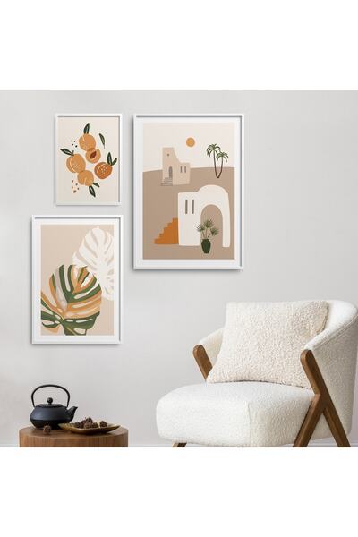 HOMEPACK 3'lü Set Doğal Ahşap Lamine Çerçeveli Boho Stili Ev Yaprak Tablo Set...