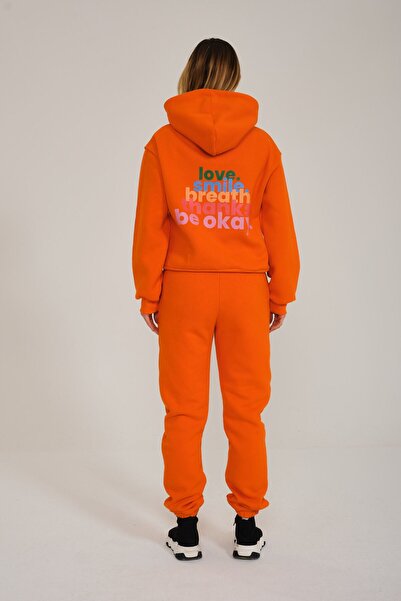 C&C OKULCUNUZ Love Smıle Breath Thanks Be Okay Σετ φόρμας με στάμπα με κουκούλα