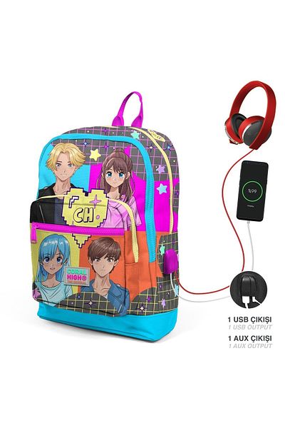 Coral High Rucsac școlar USB cu patru compartimente pentru copii, gri, albastru, roz, cu model anime 23837