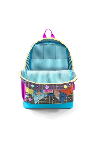 Coral High Kids Gray Blue Pink Anime Patterned Four Compartment USB School Backpack 23837