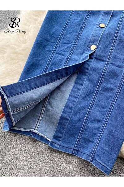 merlavin Rochie de damă din denim cu guler decoltat la spate