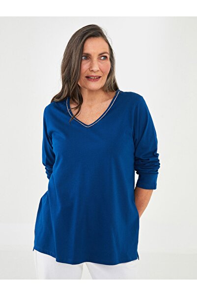 LC Waikiki Tricou de damă din bumbac cu mânecă lungă, cu decolteu în V