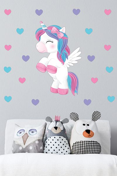 Tilki Dünyası Cute Unicorn and Hearts Kids Room Wall Sticker