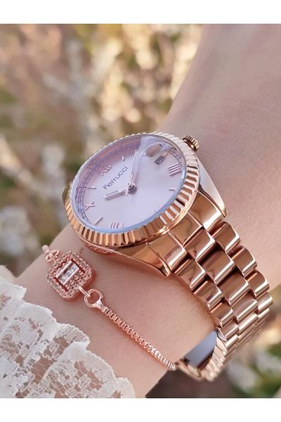 Ferrucci Blkt.2.244 Women's Wristwatch 30 Mt Water Resistant Steel Cord Anti-Tarnish Color Throw+bracelet