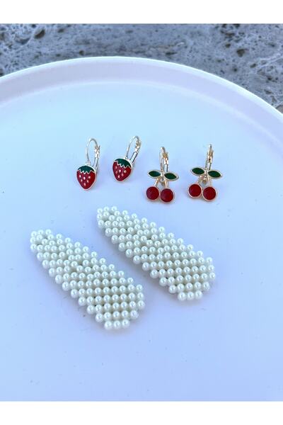 Floriaco Kız Çocuk Kirazlı Çilekli Küpe Ve Inci Toka Seti