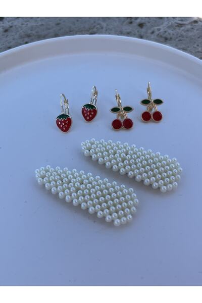 Floriaco Kız Çocuk Kirazlı Çilekli Küpe Ve Inci Toka Seti