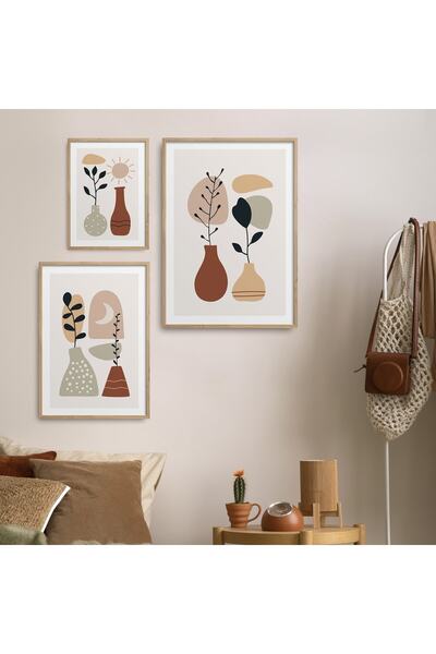 HOMEPACK 3'lü Set Doğal Ahşap Lamine Çerçeveli Vazo Geometrik Şekiller Tablo ...