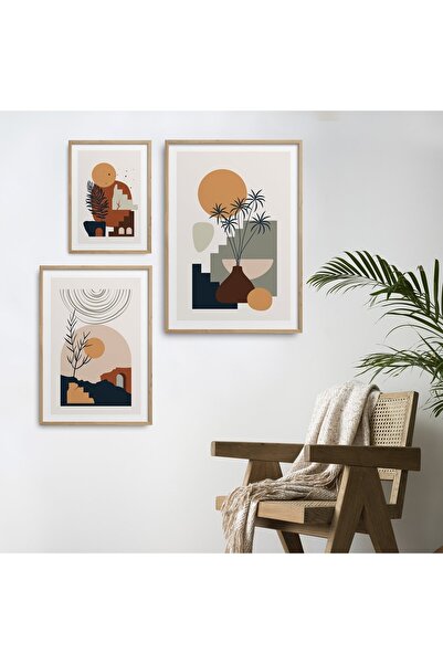 HOMEPACK 3'lü Set Doğal Ahşap Lamine Çerçeveli Vazo Geometrik Şekiller Tablo ...