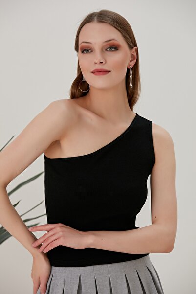 CATSPY Siyah Crop Tek Omuz Detaylı Kaşkorse Bluz