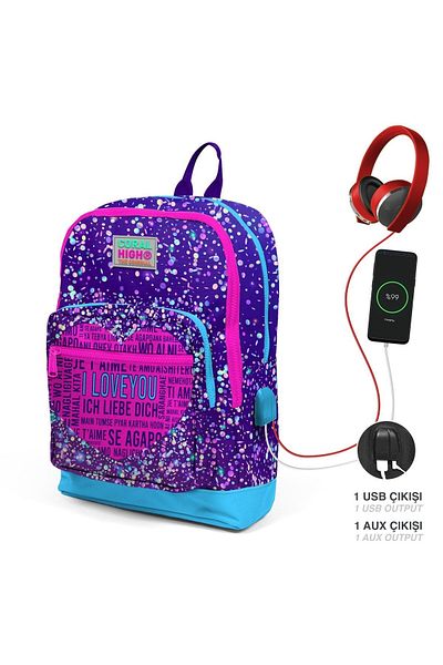 Coral High Rucsac școlar USB cu patru compartimente pentru copii, violet, albastru, roz, cu model, 23840
