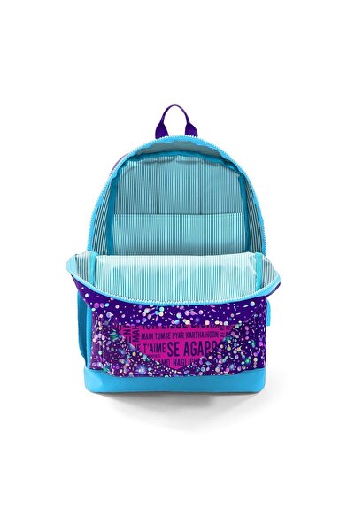 Coral High Kids Purple Blue Pink Heart Patterned Four Compartment USB School Backpack 23840