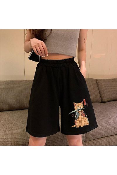 Touz Μαύρο Unisex χτενισμένο βαμβακερό σορτς - Eylm Killer Cat Printed